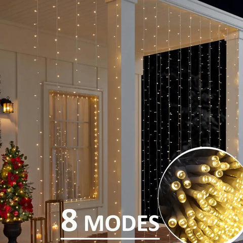 Outdoor LED Curtain Lights 30 Ft by 10 Ft With 720 LEDs, Plug In Hanging String Lights on a porch, warm white glow, 8 modes