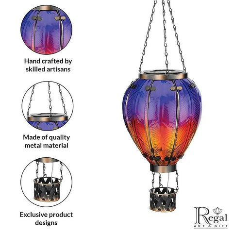 Purple Solar Hot Air Balloon Lantern Hanging LED Lit Outdoor Light For Garden Patio And Pathway Waterproof Portable Decorative Lamp Made Of Metal And Glass with chain design