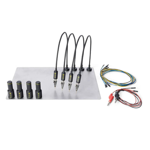 Pro Grade Four SP10 Probes Soldering Helper Kit with test wires, base, and stands for circuit board repair and debugging.