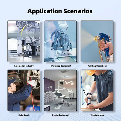 Application scenarios for Push To Connect Pneumatic Fittings: automation, workshop, painting, auto repair, dental equipment, woodworking.
