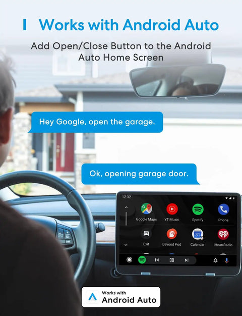 Smart WiFi Garage Door Opener Remote With App Control, Works With Alexa Google Assistant And SmartThings, shown in car with Android Auto
