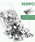 Open Serrated Seals For Five Eighths Inch PET Straps Pack Of One Hundred displayed in a bag with detailed close-up view