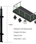 Heavy Duty Square Glass Railing Post In Sleek Black Finish Built Like A Tank Using Rust Resistant Stainless Steel Corner Stair Baluster details with dimensions.