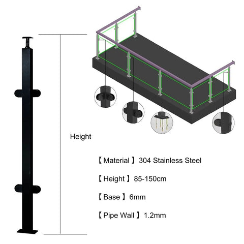 Heavy Duty Black Glass Railing Post For Stairs And Decks Square Stainless Steel Outdoor Handrail Bracket dimension illustration.