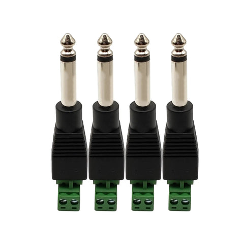 Built Tough Pro Grade One Quarter Inch Ts Mono Male To Two Pin Female Screw Terminal Block Adapter For Speaker Cable and Amplifier Microphone 6.35Mm Nickel Plated Zinc Alloy Plug And Go Kit, four pieces.