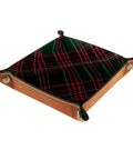 Straight Fire Dark Green Tartan Valet Tray For Nightstands And Desks Microfiber Leather Catch All Organizer shown open with tartan pattern.