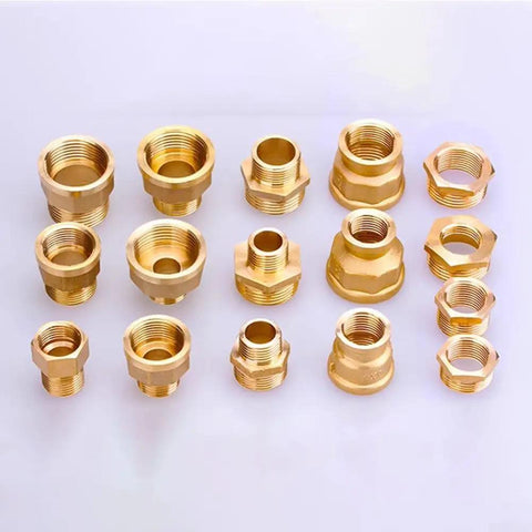Brass Bushing Adapter Kit 5-Piece Set showing various brass hex bushings for 1 NPT male to 1/2 NPT female threads.
