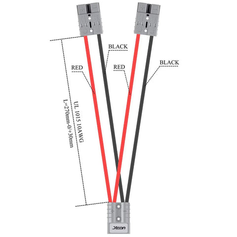 Heavy Duty Forklift Charging Plug With 50 Amp Split Connector And 10 Awg Cable showing split connector and cable layout.