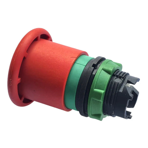Straight Up Badass Aftermarket Emergency Stop Button For Heavy Duty Scissor Lifts And Rough Terrain Gear Sweet Safety Swap Part 147051 in red and green.