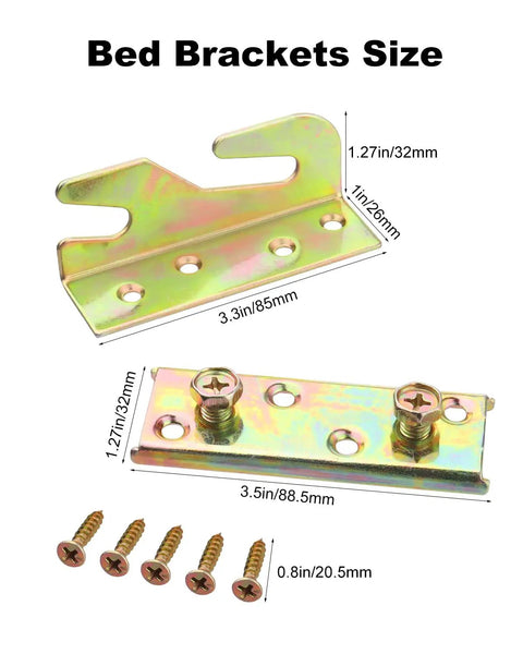 8 Sets Heavy Duty Bed Rail Brackets Non Mortise Galvanized Steel Mounting Kit With Screws size dimensions with screws and brackets