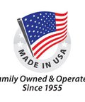 Made in USA logo with American flag, emphasizing family owned and operated since 1955.