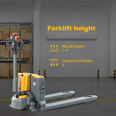 Heavy Duty Electric Pallet Jack Rocking 3300 Lbs Capacity With 48 By 27 Inch Forks Lithium Powered Walkie Pallet Truck showing height details.
