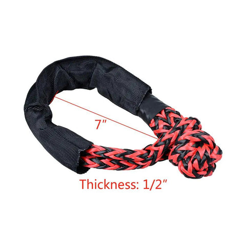 Heavy Duty Synthetic Soft Shackles With Black Red Protective Sleeve showing 7 inches length and 1/2 inch thickness