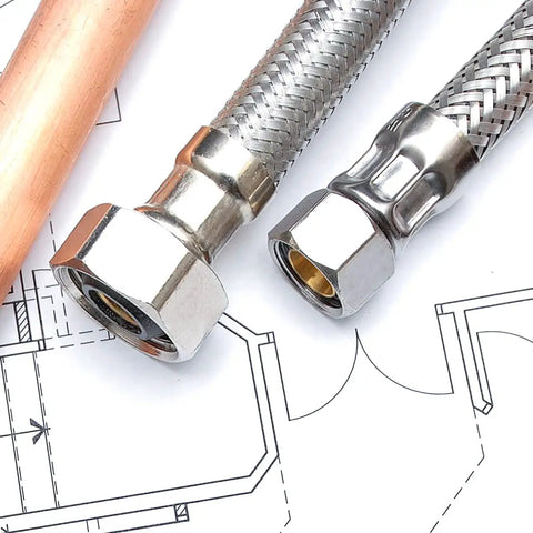 Braided Faucet Connector 16 Inch Long One Half Inch IPS Brass Nut to Three Eighths Inch Female Fitting Lead Free Stainless Steel