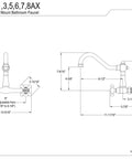 Technical drawing of Vintage Wall Mount Faucet With Polished Chrome Finish And Old School Charm Solid Brass Construction Eight Inch Center Two Hole Installation Drip Free Ceramic Disc Cartridge One Half Inch IPS Connection One Point Two GPM Flow Rate showing dimensions and details.