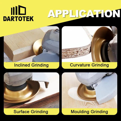 Pro Quality Wood Carving Grinding Disc And Cup Wheel For Angle Grinders shown in inclined, curvature, surface, and moulding grinding applications.