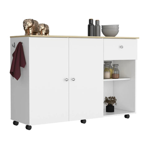 Smooth Rolling Kitchen Island With Locking Casters Ample Drawer Double Door Cabinet Shelving Towel Hook Portable Cart, white with wood top.