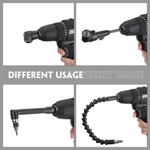 Flexible Drill Bit Extension Set With One Quarter Inch Hex Shank Bendable Extension And 105 Degree Right Angle Adapters 14 Piece Kit usage examples