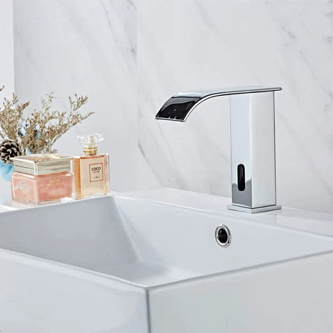 Dual Powered Automatic Touchless Bathroom Faucet With Motion Sensor Waterfall Chrome Finish Hands Free Vanity Faucet