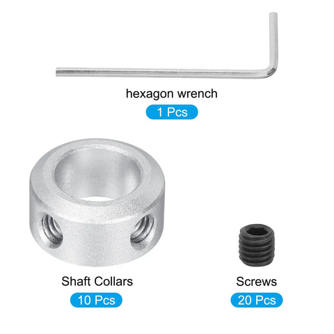 10 Pack Aluminum Shaft Collars 10mm Bore Three Eighths Inch Set Screw Style Clamping Collars With Hex Wrench Silver For Motors Drive Shafts Machine Tools And 3D Printer Hardware Workhorse Quality And Easy To Install, includes shaft collars, screws, and hex wrench in silver.