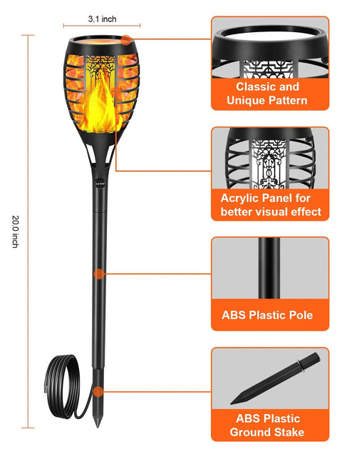 Diagram of low voltage torch landscape light with timer transformer, flickering flame design, ABS plastic pole, and ground stake