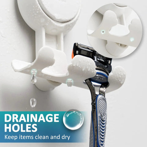Two Pack Suction Cup Razor Holder For Shower And Bathroom Organizer No Drill Easy Install Strong Suction Wall Hooks For Razor Towel Loofah Shaver Soap White, showing drainage holes keeping a razor dry.