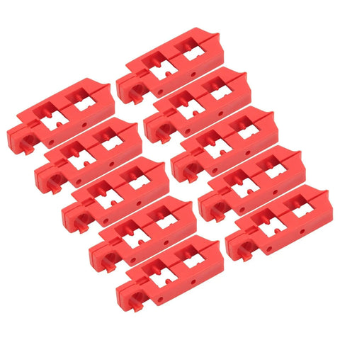 Heavy Duty Circuit Breaker Lockout Kit 10 Pack Snap On Safety LOTO Gear For Electrical Panels Red handle clamps viewed from above.