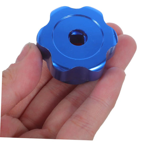 Close-up of a blue alloy valve stem knob with 6mm hole replacement for outdoor water spigot handwheel handle hose bib outside