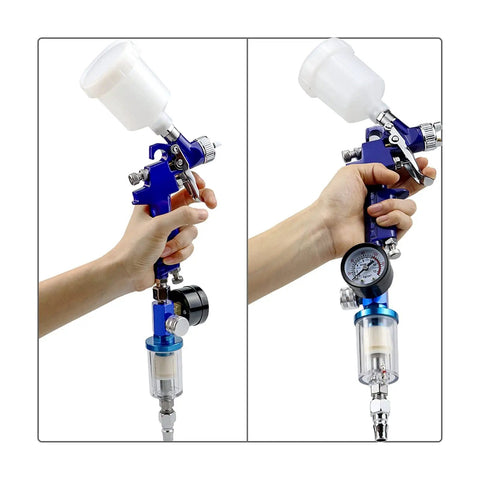Top Shelf Boss Pro Grade Hvlp Spray Gun Combo Pairing 0.8 And 1.0 Mm Nozzles with adjustable airflow regulator in hand.