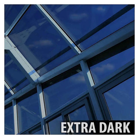 Deep Black Daytime Privacy Window Film 24 Inch By 50 Foot Roll Extra Dark Tint on glass structure, illustrating dark shade