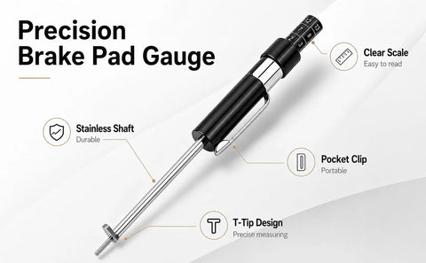 Heavy Duty Brake Pad Thickness Gauge With Slim Probe For Quick No Wheel Removal Checks precise stainless shaft and clear scale.