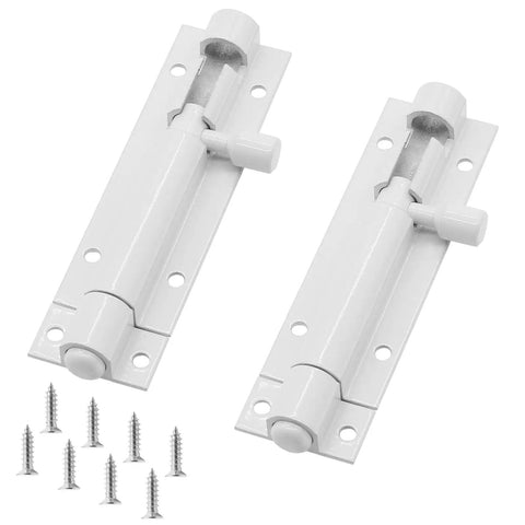 Built Tough 3 Inch Barrel Bolt Lock In Crisp White Heavy Duty Stainless Steel Slide Latch With Complete Mounting Hardware Rust Proof Security Bolt For Patio Gates Front Doors And Barn Sheds Solid 2 Pack with screws visible