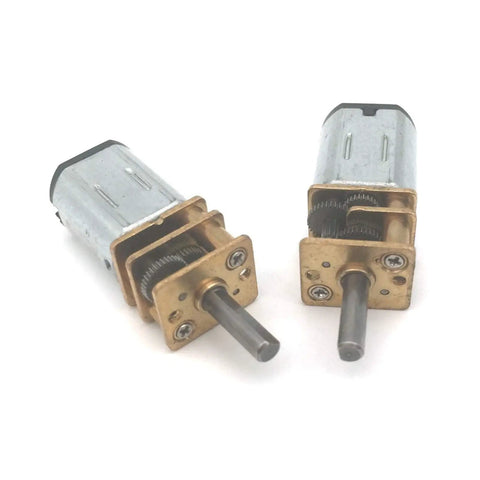 Compact N20 Dc Motor With 6V Miniature Gear Reducer, two gear motors showing metal gears and shafts for robotics and DIY projects.