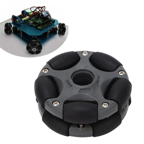 Close-up of 58mm Plastic Omni Wheel for Robot Car, double row design, 360-degree rotation, NXT motor compatible with DIY bot inset image.