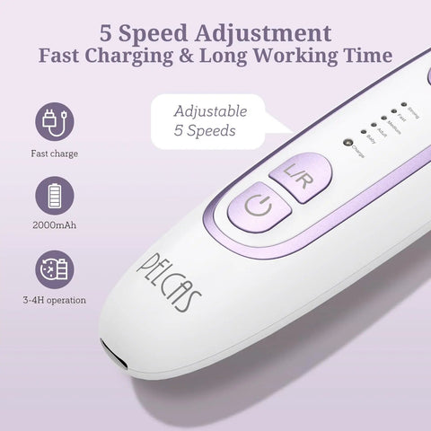 Cordless Electric Foot File For Crusty Thick Toenails And Hard Calluses Packs Eight Swappable Carving Heads Plus Rugged Sanding Collars For No Sweat Salon Ready Pedicure Results showing 5 speed adjustment control and charging info.