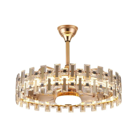 Luxurious Crystal Chandelier Ceiling Fan Light With Silent Quiet Blades And A Slick Remote Control hanging from a gold ceiling mount.