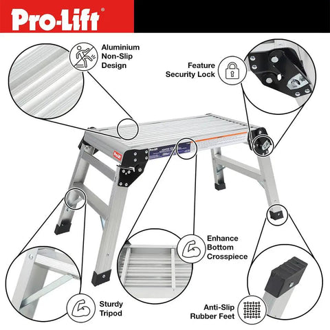 Heavy Duty Aluminum Step Ladder And Portable Workbench With Non Slip Platform Folding Stepstool Built Tough To Handle Four Hundred Pounds Without Breaking A Sweat for auto detailing, showing features and security lock.