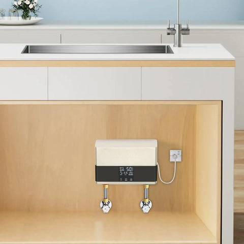 Slick 4000W Tankless Mini Electric Water Heater Featuring Constant Temperature Technology And Convenient Wireless Remote Control Plus Badass Abs Design For Quick Daily Use mounted under kitchen sink with touch panel.
