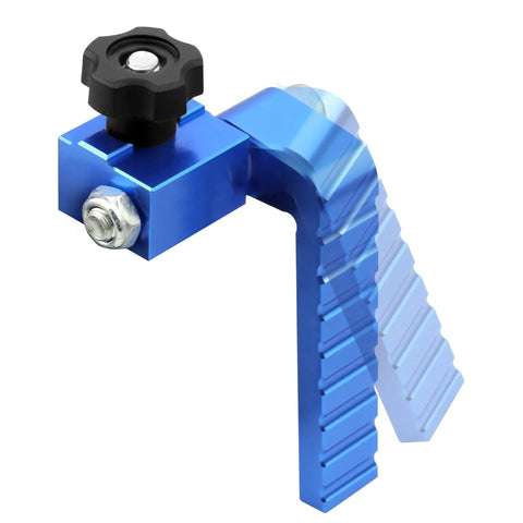 Precision Blue Aluminum T Track Flip Stop For 3 Inch Fence With Adjustable Arm Miter Saw Block showing adjustable arm and rugged design.