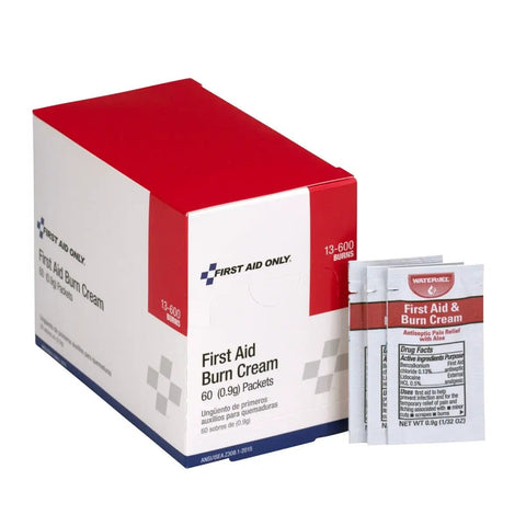 Box and packets of Grab And Go First Aid Burn Cream Packets 0.9 g Each Box Of 60 for minor burn relief visible.