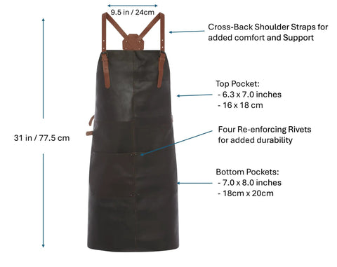 Genuine Leather Work Apron With CrossBack Straps For Woodworking Carpentry BBQ And Barista Tasks 3 Spacious Pockets And Fully Adjustable Fit Durable Brown Leather Apron For Studio Garage Or Kitchen Use details with dimensions