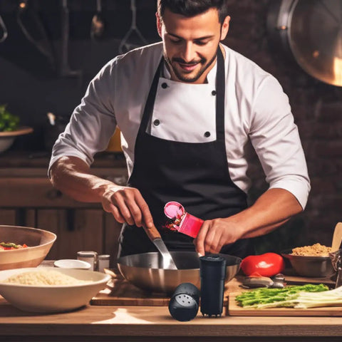 Chef using Cap And Crusher 2 In 1 Herb Grinder With Extra Large Storage Pop Art Edition Red Built In Grinder And Pop Top Bottle For Easy Grinding