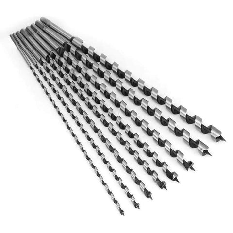 Badass Eight Piece Extra Long Auger Drill Bit Set For Woodworking Crafted From Heavy Duty Steel To Slice Through Hardwood Like Butter Includes Tough Wooden Storage Box showing assorted sizes of steel auger drill bits.
