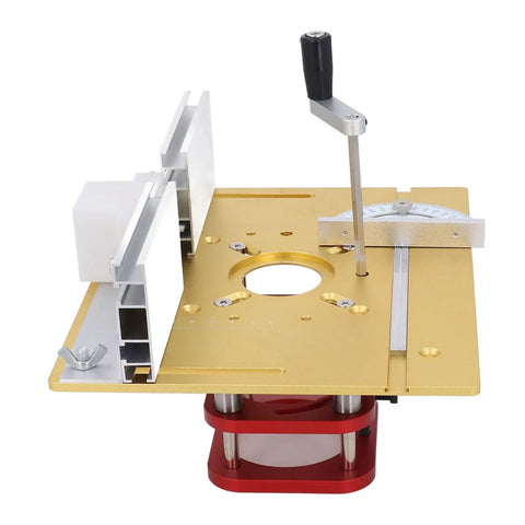Manual Router Lift Rig With Knockout Precision Height Adjustments Badass Aluminum Frame And Four Jaw Clamp Secure Grip For 64 To 66mm Motors, gold plate with precision height adjustment.