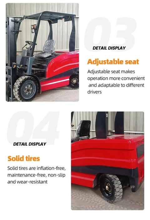 Heavy Duty Electric Forklift with adjustable seat and solid tires designed for efficient commercial material handling.