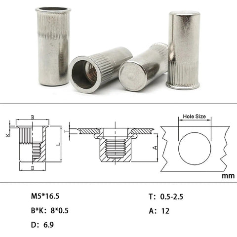 Heavy Duty Shop Grade 304 Stainless Steel Countersunk Rivet Nuts M5 X 16mm threaded inserts with knurled grip and measurements.