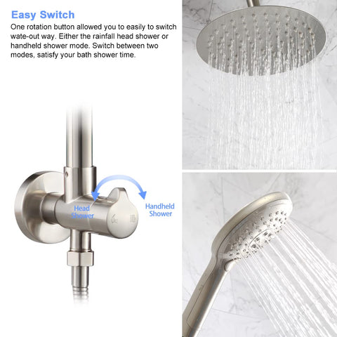 Brushed Nickel Shower System With Adjustable Slide Bar And 10 Inch Rain Shower Head Plus Handheld Spray, Dual Shower Head Set
