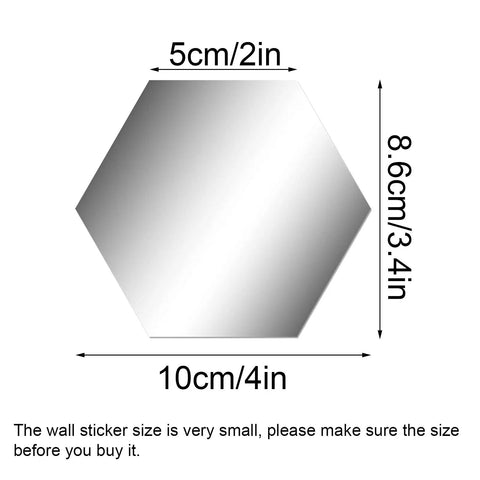 Dimensions of 32 Pcs Hexagon Mirror Wall Decals Removable Silver Acrylic Honeycomb Design For DIY Home Art displayed