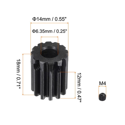 6.35mm Bore 12T Mod 1 Pinion Gear For RC Car Differential Made From 15 Steel With Black Oxide Finish, dimensions shown