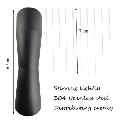 Espresso Distribution Tool Set With Needle Type Distributor, black finish, 304 stainless steel, dimensions shown, for even stirring.
